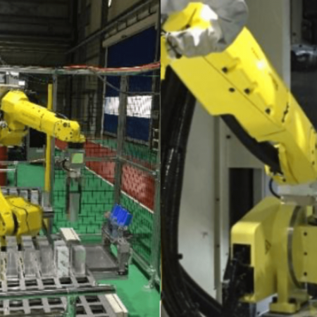 6台の加工機を同時に受け持つワークの着脱作業ロボットを導入!