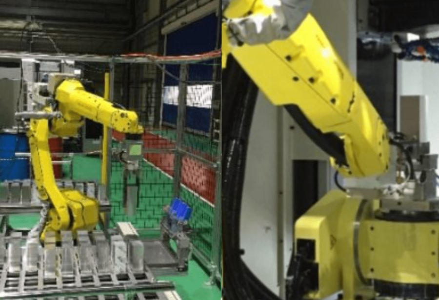6台の加工機を同時に受け持つワークの着脱作業ロボットを導入！
