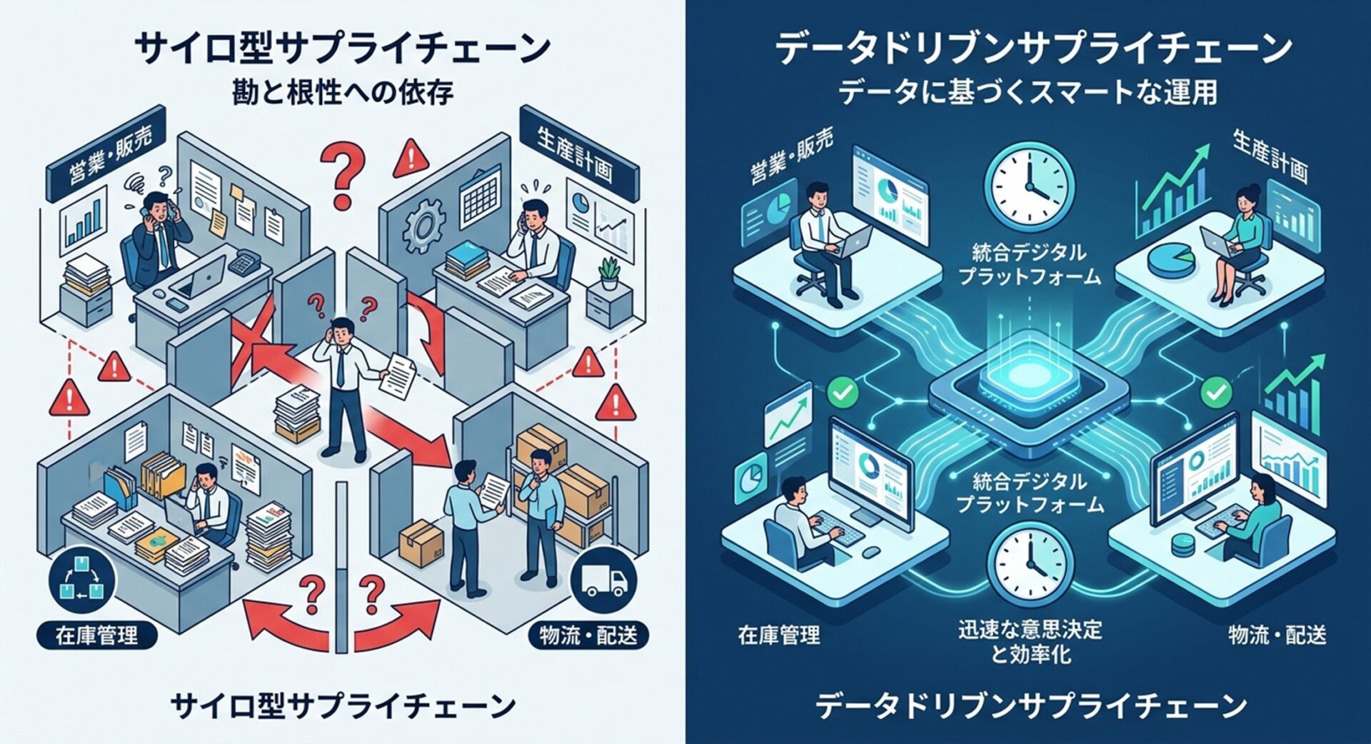 属人的で分断された「気合と根性」のサプライチェーン（左側）と、情報が一元化・自動化された「データ駆動型サプライチェーン」（右側）の比較を示す図解。左側は電話や書類に追われる疲弊した現場を、右側は統合プラットフォームによって各部門（営業、生産、在庫、物流）がリアルタイムに連携し、スムーズかつ迅速に業務が回っている様子を表現しています。