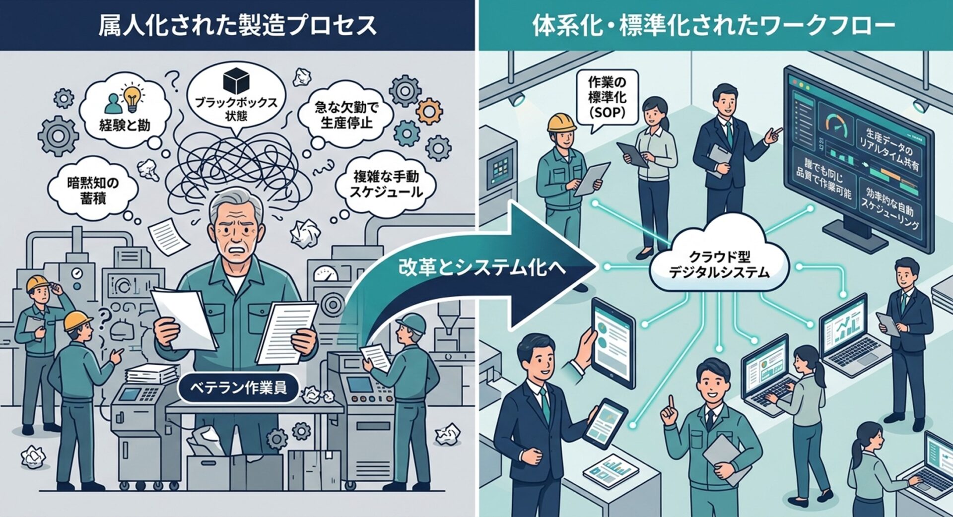 特定のベテランに依存した「属人化・ブラックボックス化」の状態から、デジタルツールを活用して全員で情報を共有する「仕組み化」された現場への移行を示すビジネス向け図解