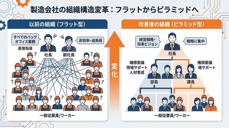 製造会社の組織構造変革:フラットからピラミッドへ