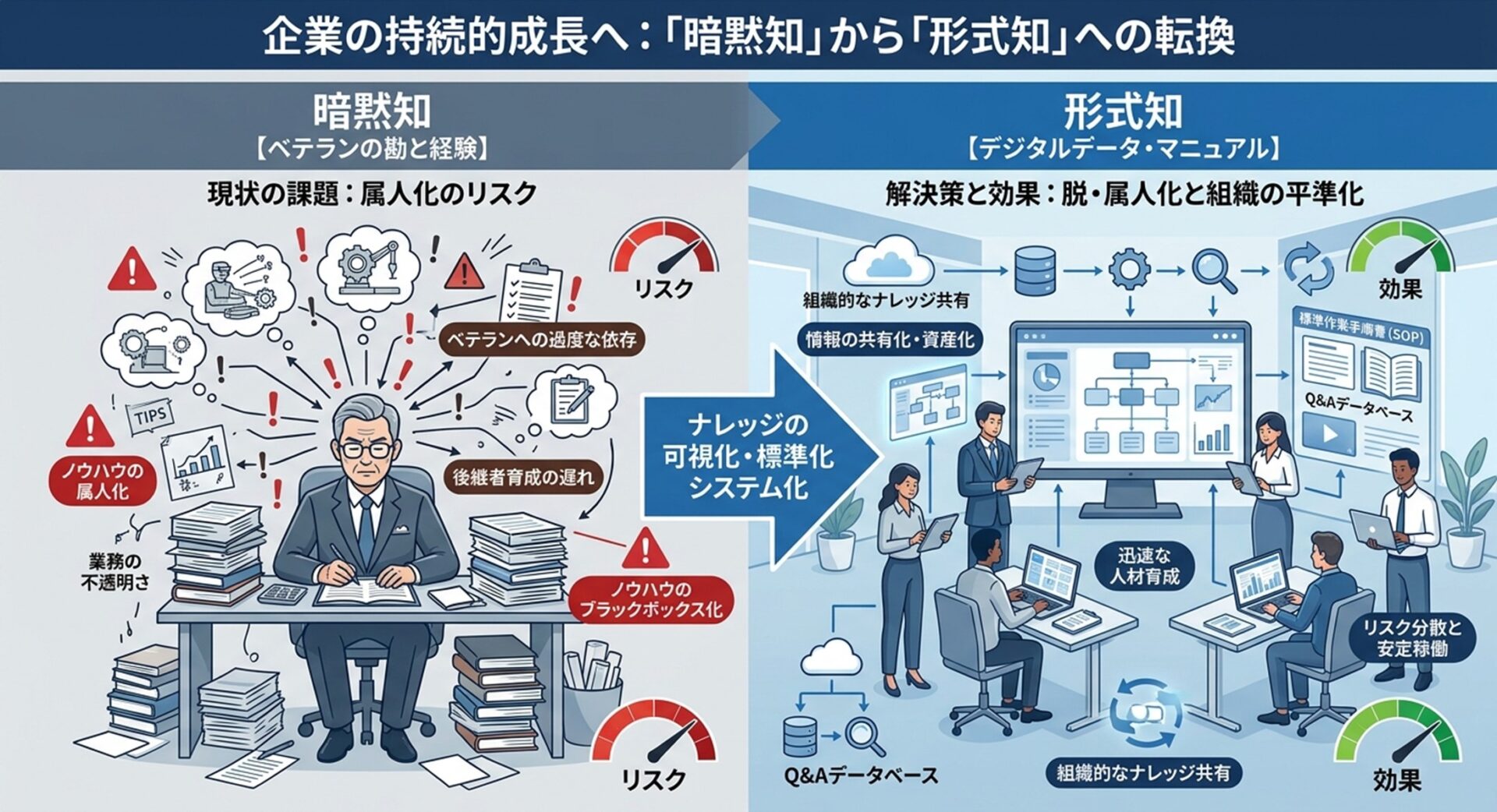 特定のベテランの経験や勘(暗黙知)に依存し属人化のリスクを抱えた状態から、データや映像を活用してマニュアル化(形式知)を行い、組織全体でノウハウを共有し安定稼働を実現する「脱・属人化」への移行プロセスを示した概念図。